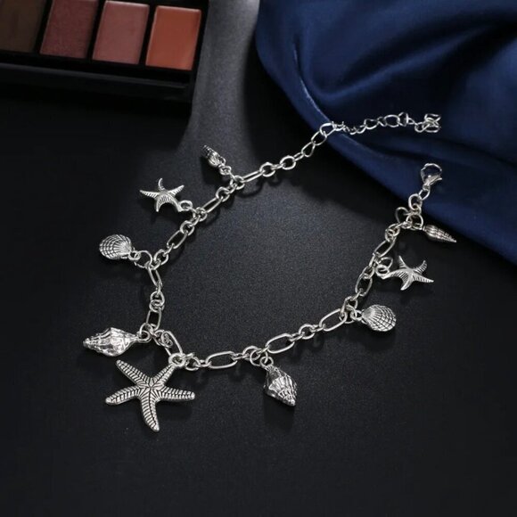 NWT Vintage Style Silver Starfish Seashell Charms Ankle Bracelet Anklet 8” - Picture 5 of 8